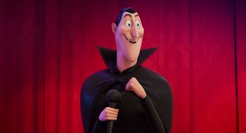 Movie still from “Hotel Transylvania 4: Transformania” (2022), directed by Jennifer Kluska – A cartoon character with a microphone; Medium shot, Low angle