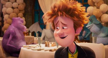 Movie still from “Hotel Transylvania 4: Transformania” (2022), directed by Jennifer Kluska – A cartoon character with a messy hair style; Medium shot, Over the shoulder angle