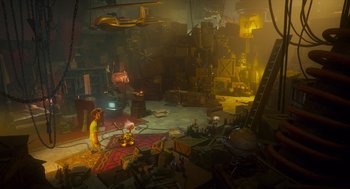 Movie still from “Hotel Transylvania 4: Transformania” (2022), directed by Jennifer Kluska – An artist's rendering of a room with a lot of clutter; Extreme Wide shot, High angle