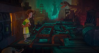 Movie still from “Hotel Transylvania 4: Transformania” (2022), directed by Jennifer Kluska – A boy standing next to a dinosaur in a room; Wide shot, High angle