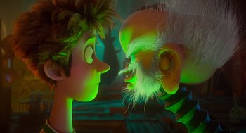 Movie still from “Hotel Transylvania 4: Transformania” (2022), directed by Jennifer Kluska – Two characters from the movie paranorman; Close Up shot, Over the shoulder angle