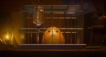 Movie still from “Hotel Transylvania 4: Transformania” (2022), directed by Jennifer Kluska – A hamster in a cage; Extreme Close Up shot, Low angle