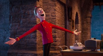 Movie still from “Hotel Transylvania 4: Transformania” (2022), directed by Jennifer Kluska – A cartoon character is standing in front of a table; Medium shot, Over the shoulder angle