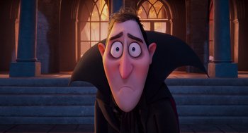 Movie still from “Hotel Transylvania 4: Transformania” (2022), directed by Jennifer Kluska – A cartoon character with his eyes wide open; Close Up shot, Low angle