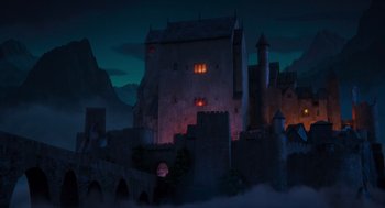 Movie still from “Hotel Transylvania 4: Transformania” (2022), directed by Jennifer Kluska – An old castle with a large window at night; Extreme Wide shot, Low angle