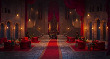 Movie still from “Hotel Transylvania 4: Transformania” (2022), directed by Jennifer Kluska – A stage with a red carpet and a red chair; Extreme Wide shot, High angle