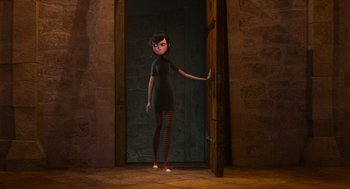 Movie still from “Hotel Transylvania 4: Transformania” (2022), directed by Jennifer Kluska – An animated character standing in front of an open door; Medium shot, Over the shoulder angle