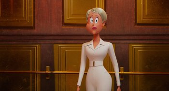 Movie still from “Hotel Transylvania 4: Transformania” (2022), directed by Jennifer Kluska – An animated woman in a white outfit standing in front of a door way; Medium shot, Low angle
