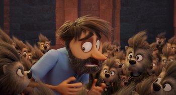 Movie still from “Hotel Transylvania 4: Transformania” (2022), directed by Jennifer Kluska – An animated man surrounded by a bunch of furry animals; Medium shot, High angle