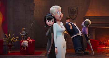 Movie still from “Hotel Transylvania 4: Transformania” (2022), directed by Jennifer Kluska – A couple of women standing next to each other in a room; Medium shot, Over the shoulder angle