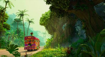 Movie still from “Hotel Transylvania 4: Transformania” (2022), directed by Jennifer Kluska – A bus is driving down a road near a forest; Extreme Wide shot, Low angle