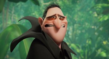 Movie still from “Hotel Transylvania 4: Transformania” (2022), directed by Jennifer Kluska – A cartoon character with a black shirt; Close Up shot, Low angle