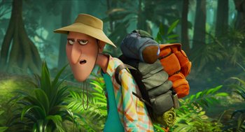 Movie still from “Hotel Transylvania 4: Transformania” (2022), directed by Jennifer Kluska – An animated character is carrying a backpack and wearing a hat; Close Up shot, Over the shoulder angle