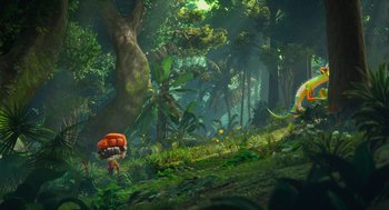 Movie still from “Hotel Transylvania 4: Transformania” (2022), directed by Jennifer Kluska – Two people in the woods with trees in the background; Extreme Wide shot, Low angle