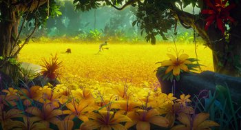 Movie still from “Hotel Transylvania 4: Transformania” (2022), directed by Jennifer Kluska – A field full of yellow flowers with trees in the background; Extreme Wide shot, High angle