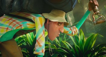 Movie still from “Hotel Transylvania 4: Transformania” (2022), directed by Jennifer Kluska – A man with a hat on his head; Wide shot, Low angle