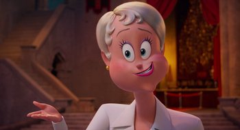 Movie still from “Hotel Transylvania 4: Transformania” (2022), directed by Jennifer Kluska – A cartoon of a woman in a white jacket; Close Up shot, Over the shoulder angle
