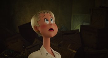 Movie still from “Hotel Transylvania 4: Transformania” (2022), directed by Jennifer Kluska – An animated woman with blonde hair looking surprised; Close Up shot, Low angle