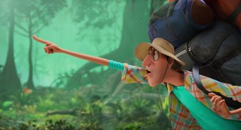 Movie still from “Hotel Transylvania 4: Transformania” (2022), directed by Jennifer Kluska – An animated character with a hat and sunglasses is holding a toothbrush in his mouth; Wide shot, Low angle