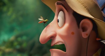 Movie still from “Hotel Transylvania 4: Transformania” (2022), directed by Jennifer Kluska – A face with a fly on it's face; Extreme Close Up shot, Overhead angle