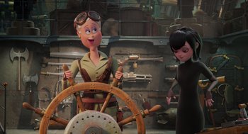 Movie still from “Hotel Transylvania 4: Transformania” (2022), directed by Jennifer Kluska – A woman standing next to an animated character on a boat; Medium shot, Over the shoulder angle