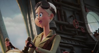 Movie still from “Hotel Transylvania 4: Transformania” (2022), directed by Jennifer Kluska – An animated woman in a pilot's outfit holding a microphone; Close Up shot, Over the shoulder angle