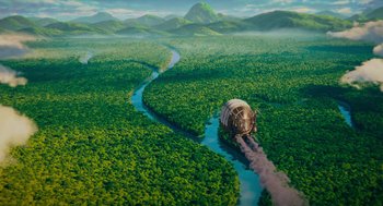 Movie still from “Hotel Transylvania 4: Transformania” (2022), directed by Jennifer Kluska – An aerial view of a forest with a river running through it; Extreme Wide shot, High angle