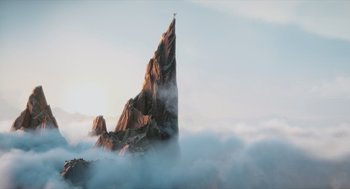Movie still from “Hotel Transylvania 4: Transformania” (2022), directed by Jennifer Kluska – A rock formation in the middle of a cloud filled sky; Extreme Wide shot, Low angle