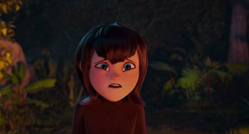 Movie still from “Hotel Transylvania 4: Transformania” (2022), directed by Jennifer Kluska – An animated girl with a surprised look on her face; Close Up shot, Over the shoulder angle