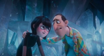 Movie still from “Hotel Transylvania 4: Transformania” (2022), directed by Jennifer Kluska – A man and a woman standing next to each other; Medium shot, Over the shoulder angle