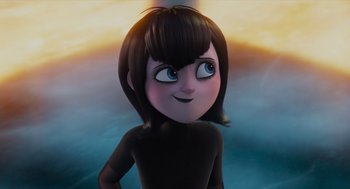Movie still from “Hotel Transylvania 4: Transformania” (2022), directed by Jennifer Kluska – A cartoon of a woman with a black shirt and black hair; Close Up shot, Low angle