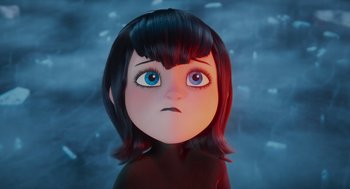 Movie still from “Hotel Transylvania 4: Transformania” (2022), directed by Jennifer Kluska – A cartoon of a girl with blue eyes looking at the camera; Close Up shot, High angle