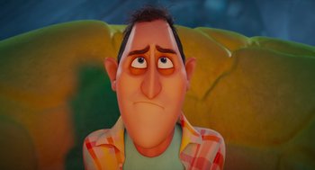 Movie still from “Hotel Transylvania 4: Transformania” (2022), directed by Jennifer Kluska – An animated man with a concerned look on his face; Close Up shot, Over the shoulder angle