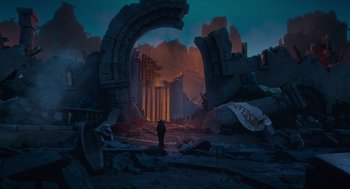 Movie still from “Hotel Transylvania 4: Transformania” (2022), directed by Jennifer Kluska – An image of a man standing in front of an arch; Extreme Wide shot, Low angle