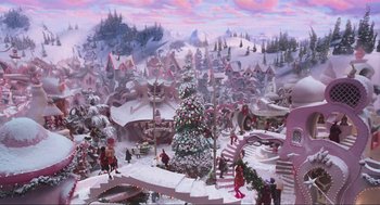 Movie still from “How the Grinch Stole Christmas” (2000), directed by Ron Howard – An animated scene of a christmas tree in the middle of a town; Extreme Wide shot, High angle