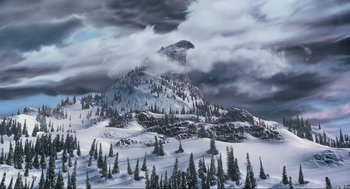 Movie still from “How the Grinch Stole Christmas” (2000), directed by Ron Howard – A painting of a snowy mountain with trees in the foreground; Extreme Wide shot, High angle