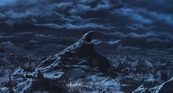 Movie still from “How the Grinch Stole Christmas” (2000), directed by Ron Howard – A painting of a snowy mountain with a city in the background; Extreme Wide shot, High angle