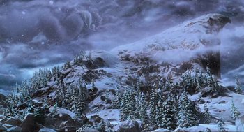 Movie still from “How the Grinch Stole Christmas” (2000), directed by Ron Howard – A painting of a snowy mountain with trees in the foreground; Extreme Wide shot, High angle