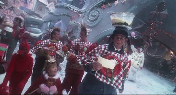 Movie still from “How the Grinch Stole Christmas” (2000), directed by Ron Howard – A group of people dressed up in costumes; Medium shot, High angle