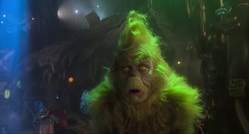 Movie still from “How the Grinch Stole Christmas” (2000), directed by Ron Howard – The head of the grinch; Close Up shot, Low angle