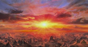 Movie still from “How the Grinch Stole Christmas” (2000), directed by Ron Howard – A painting of the sun setting over a mountain range; Extreme Wide shot, High angle