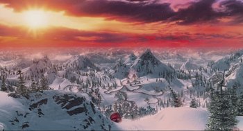 Movie still from “How the Grinch Stole Christmas” (2000), directed by Ron Howard – A view of a snowy mountain range with a sunset in the background; Extreme Wide shot, High angle