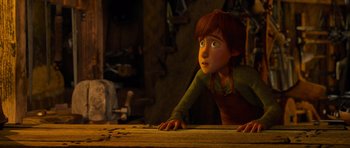 Movie still from “How to Train Your Dragon” (2010), directed by Chris Sanders – A young boy is looking up at the ceiling; Medium shot, High angle