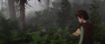 Movie still from “How to Train Your Dragon” (2010), directed by Chris Sanders – A foggy forest with ferns and trees in the background; Extreme Wide shot, High angle