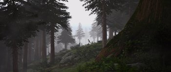 Movie still from “How to Train Your Dragon” (2010), directed by Chris Sanders – A person is walking through the woods on a foggy day; Extreme Wide shot, Low angle