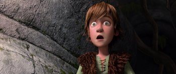 Movie still from “How to Train Your Dragon” (2010), directed by Chris Sanders – A cartoon character looking surprised; Close Up shot, High angle