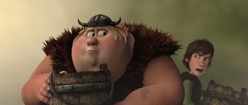 Movie still from “How to Train Your Dragon” (2010), directed by Chris Sanders – An animated character with a helmet on his head; Close Up shot, Low angle