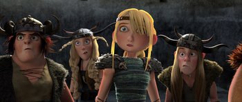 Movie still from “How to Train Your Dragon” (2010), directed by Chris Sanders – A group of people standing next to each other; Close Up shot, Low angle