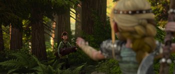 Movie still from “How to Train Your Dragon” (2010), directed by Chris Sanders – A boy and a girl in the woods; Wide shot, Over the shoulder angle