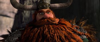 Movie still from “How to Train Your Dragon” (2010), directed by Chris Sanders – The face of a bearded viking; Close Up shot, Low angle